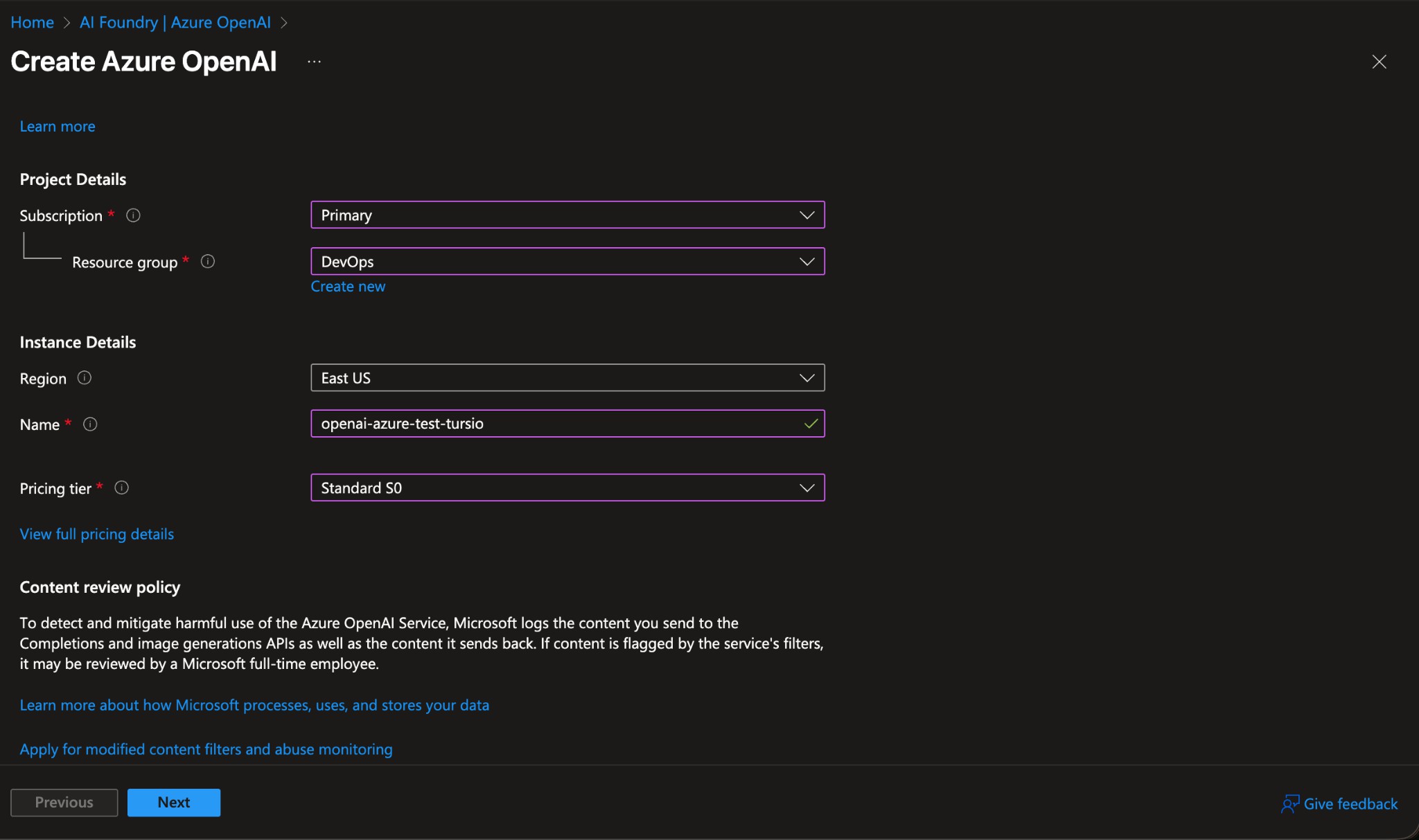 A screenshot of the 'Create Azure OpenAI' form with fields for Subscription, Resource Group, Region, Name, and Pricing Tier.