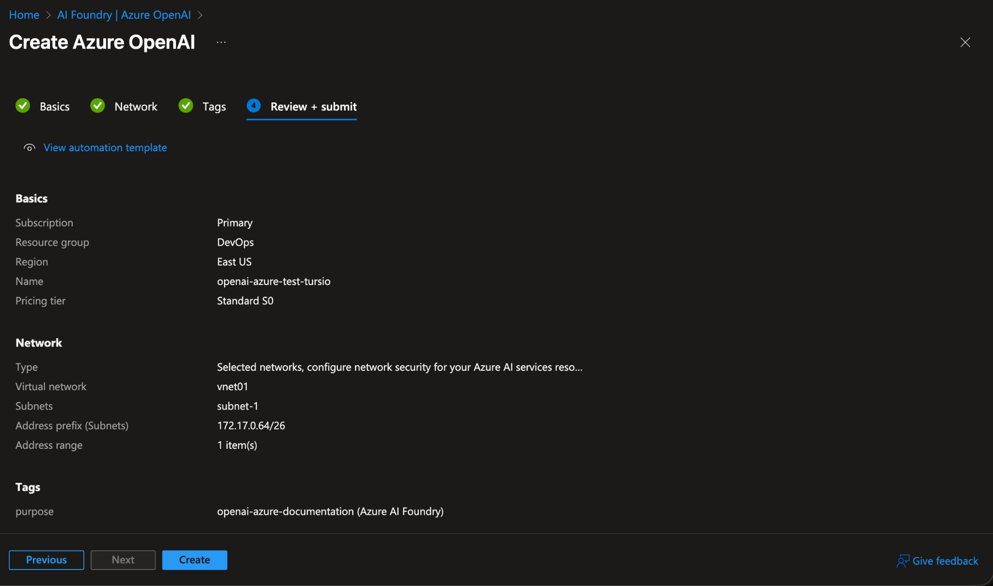 A screenshot of the 'Review + create' tab showing a summary of the configuration before creation.