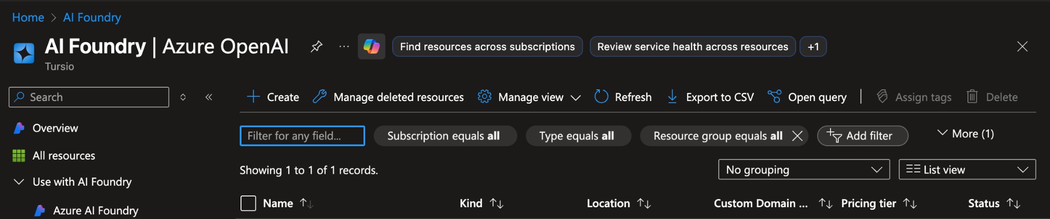 A screenshot showing the Azure AI Studio landing page with a 'Create Azure OpenAI' button highlighted.