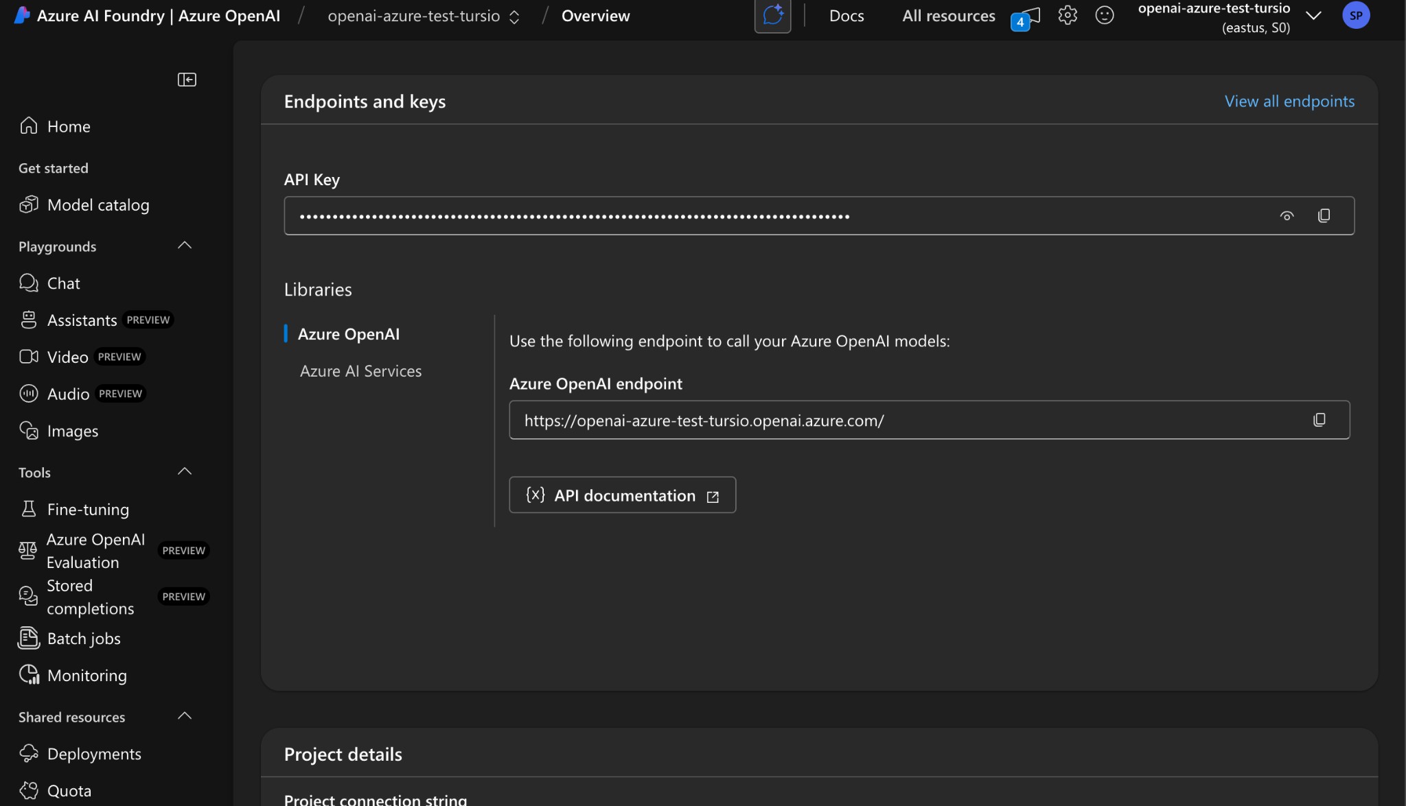 A screenshot of the Azure AI Studio portal showing a list of available AI resources.