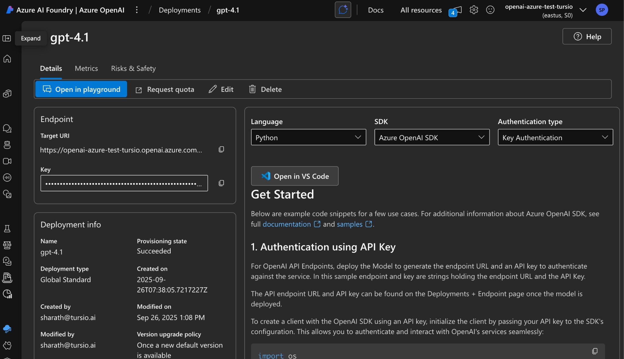 A screenshot showing the model deployment details page with Endpoint, Keys, and other information.