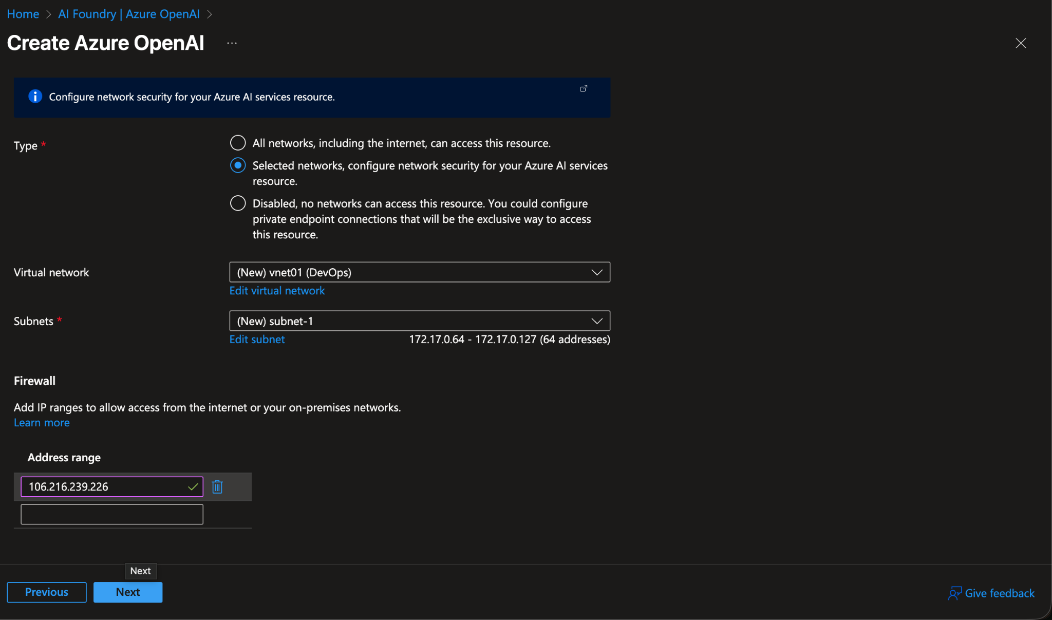 A screenshot showing the Networking tab of the creation wizard, with options for network access.