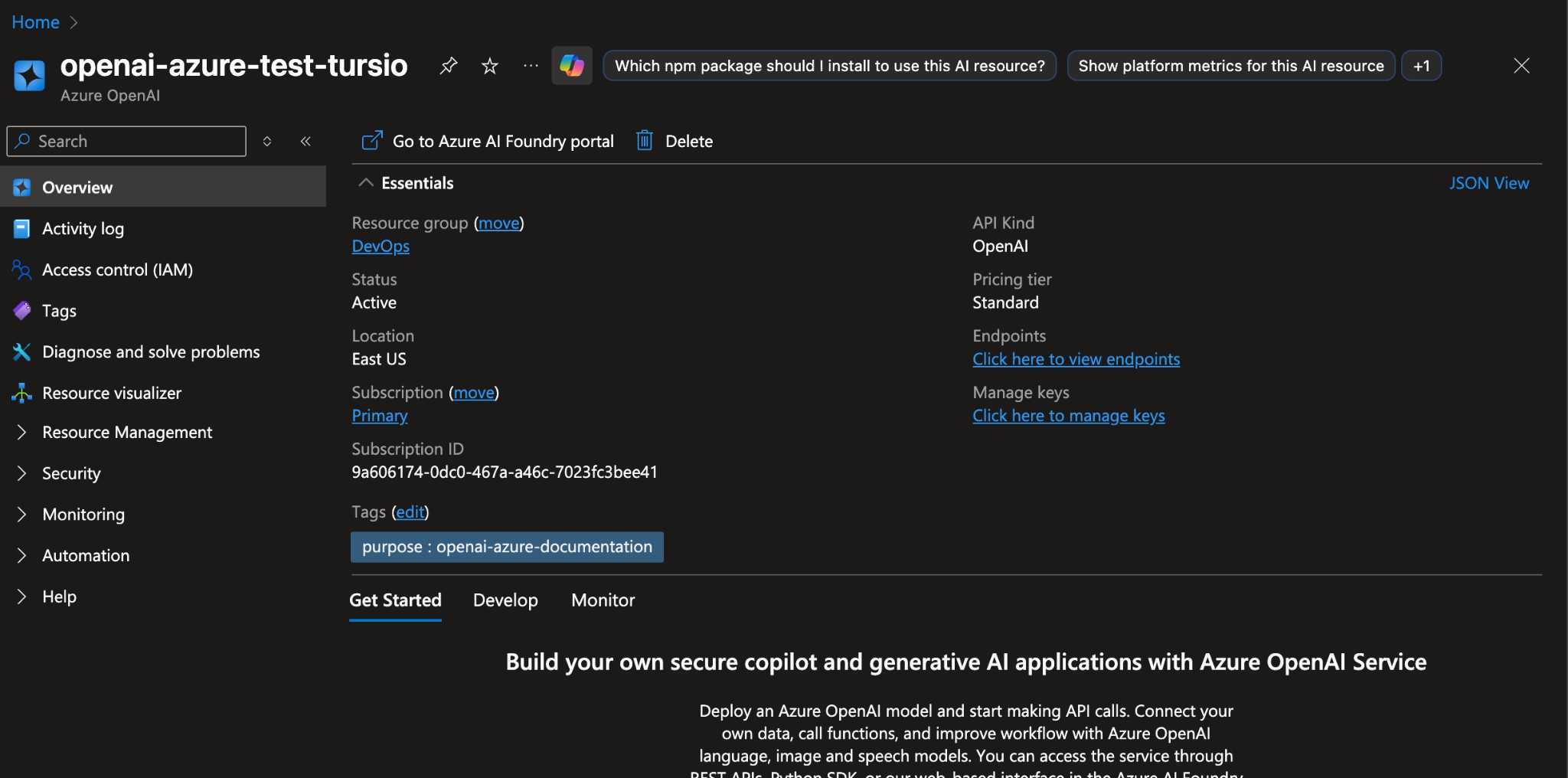 A screenshot of the Azure OpenAI resource Overview page, showing its status, location, and other details.